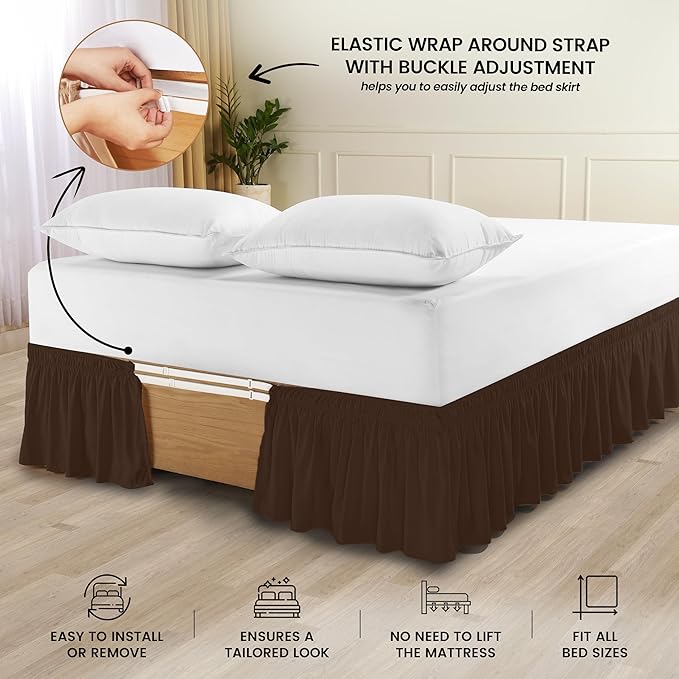 Utopia Bedding Queen Elastic Bed Ruffle - Easy Wrap Around Ruffle - Microfiber Bed Skirt with Adjustable Elastic Belt 16 Inch Tailored Drop - Hotel Quality Bedskirt, Fade Resistant (Queen, Brown)