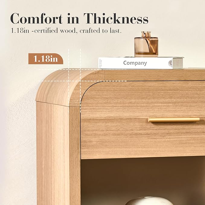 Farmhouse Nightstand Set of 2, 23.5" Curved Modern Night Stand with 3-Drawer, Bed Side Table Furniture, End Table for Bedroom, Storage Cabinet for Living Room Home Office Entryway, Oak