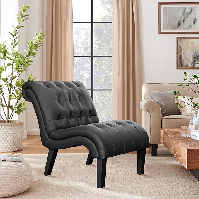 Yongqiang PU Leather Accent Chairs Set of 2 Button Tufted Upholstered Modern Armless Lounge Chair for Bedroom Living Room Chairs Leisure Chair with Wood Legs Black