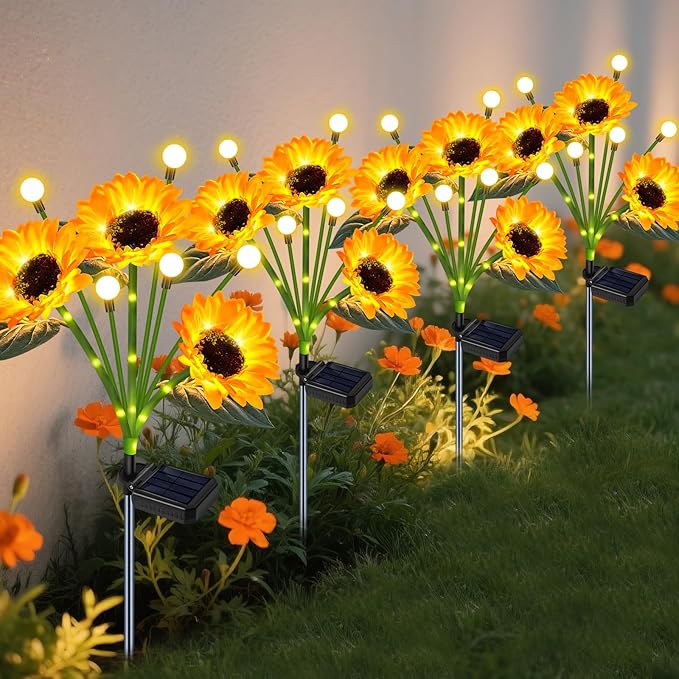 Solar Garden Lights Outdoor - Upgraded 4 Pack Solar Sunflowers Outdoor Waterproof with Firefly Lights,Garden Decor for Outside Yard Patio Lawn, Gardening Gifts for Mom Women Grandma