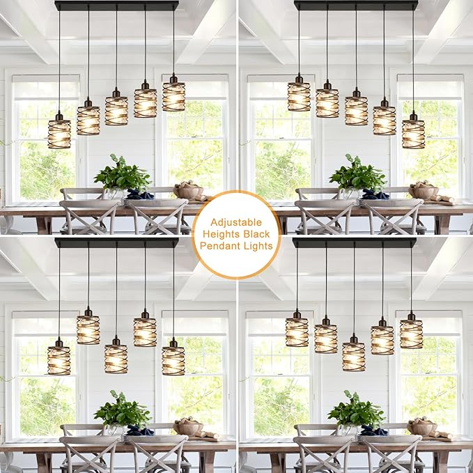 Black Pendant Lights for Kitchen Island Farmhouse Chandeliers for Dining Room, 5-Light Pendant Light Hanging Linear Chandeliers Kitchen Island Lighting with Clear Glass Shades