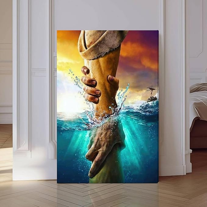 Framed Jesus Christ Canvas Wall Art The Hand of God Jesus Reaching Into Water Christian Painting Prints Biblical Wall Decor Religious Room Decor for Church Prayer Room Schools Hospitals 24'' x 36''