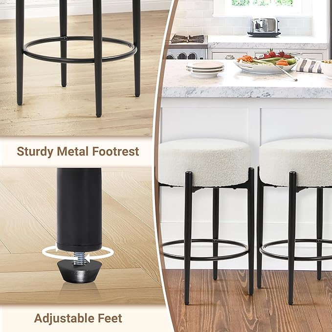 Counter Height Bar Stools, Set of 2, 24" Modern Backless Bar Stools, Ideal for Kitchen Counter, Kitchen Island, Boucle Sherpa Padded Cover, with Round Soft Seat and Foot Rest, White