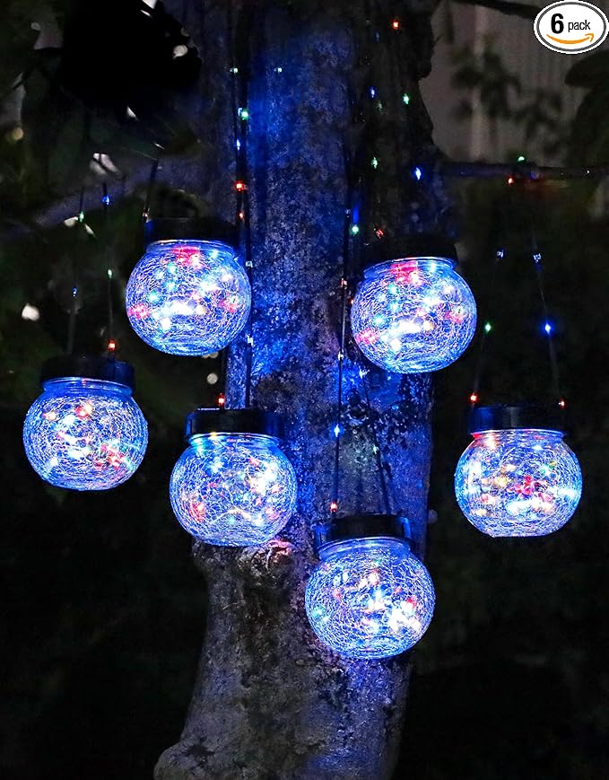PARTPHONER Solar Lantern Solar Lights Outdoor Waterproof 6-Pack, Solar Powered Hanging Lights Cracked Glass Hanging Globes for Christmas Decoration, Shepherd Hook, Garden Tree Ornaments, Multi-Color