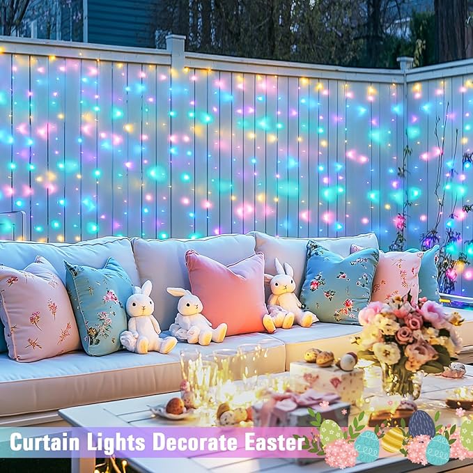 JMEXSUSS 300LED Easter Decorations Curtain Lights with Remote, 9.8x9.8ft Easter Sting Lights Plug in for Bedroom Wall Window Party Backdrop Porch Patio Garden Yard Indoor Outdoor Decor