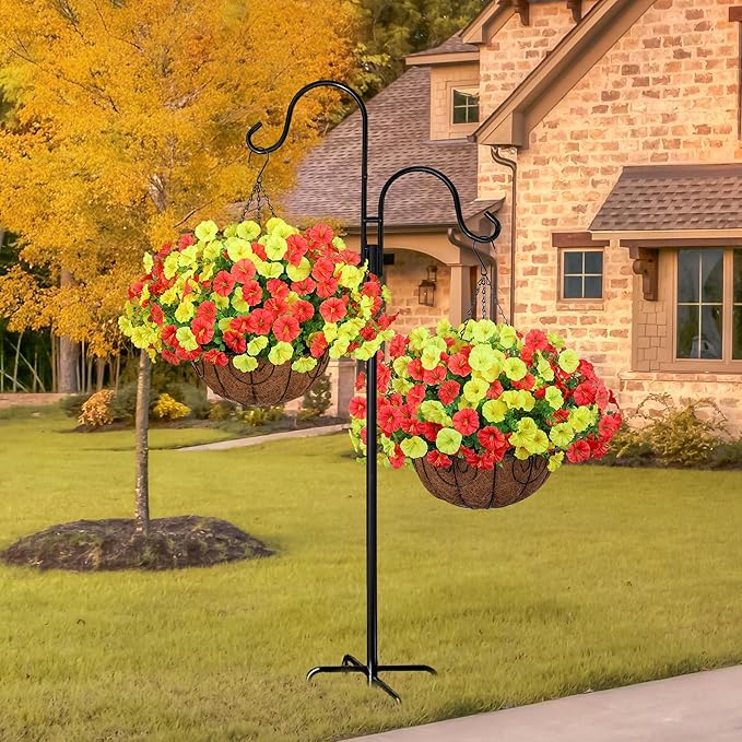 Artificial Fall Flowers Fake Hanging Plants Flowers Basket for Outdoors Autumn Decoration, Silk Morning Glory with Eucalyptus Look Real UV Resistant Faux Flowers for Outside Porch Patio Balcony, Mix