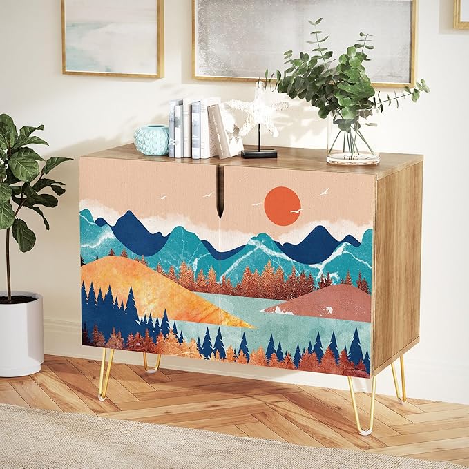 SIGNWIN Sideboard Buffet Cabinet, Kitchen Storage Cabinet with 2 Doors, Vibrant Granite Sunny Mountain, Cupboard Console Table for Dining Room - 35" L x 18" W x 29" H