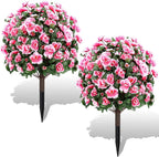 Artificial Boxwood Topiary Ball Trees with Ground Spikes UV Resistant Faux Greenery Shrubs Fake Shrubs for Outdoors, Realistic Faux Plants Bushes for Garden Porch Yard Patio Decor (Pink)