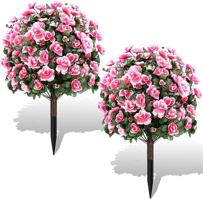 Artificial Boxwood Topiary Ball Trees with Ground Spikes UV Resistant Faux Greenery Shrubs Fake Shrubs for Outdoors, Realistic Faux Plants Bushes for Garden Porch Yard Patio Decor (Pink)