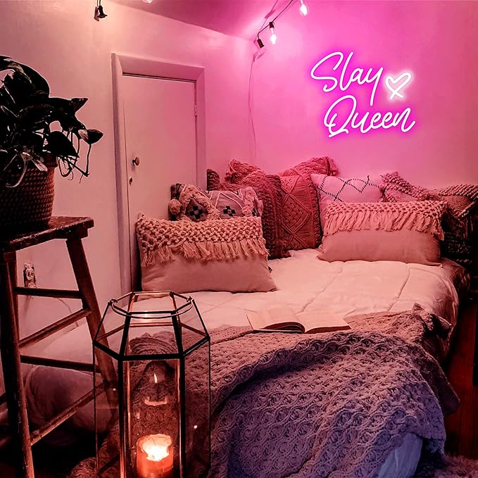 Kavaas Slay Queen Neon Signs 15.3" x 12.6", Pink LED Light Up Signs for Wall Decor | Slay Queen Sign for Girls Bedroom, Bar, Office, Dorms