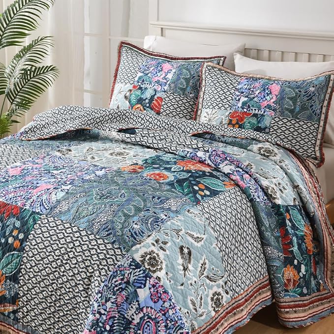 Cotton Bedspread Quilt Bedding Sets Reversible Coverlet Sets 3 Pieces Vintage Floral Blue Teal Patchwork Bedspread, Queen Size
