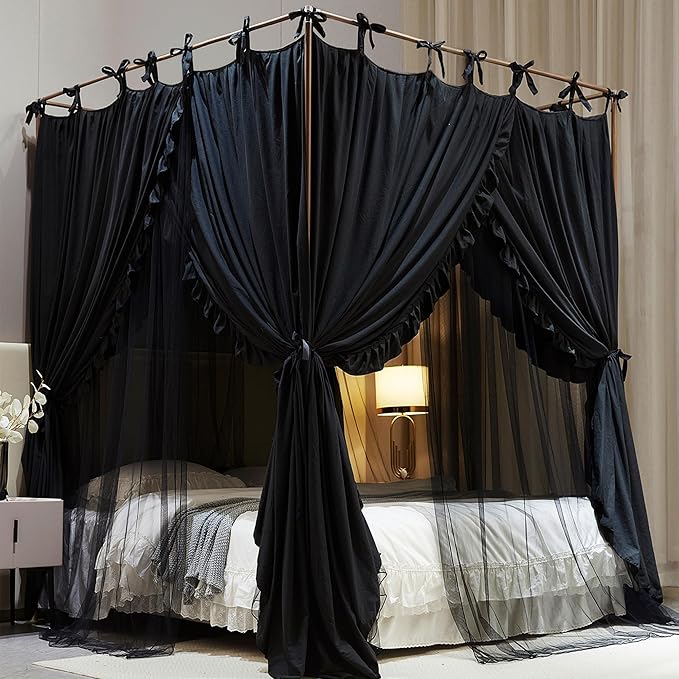 4 Corners Post Princess Curtain Bed Canopy Double Layer Cozy Mosquito Net Mesh and Cloth for Girls Adults Bedroom Decoration (Double-Black/Black, 53" W*78" L*82"*H/(Full))