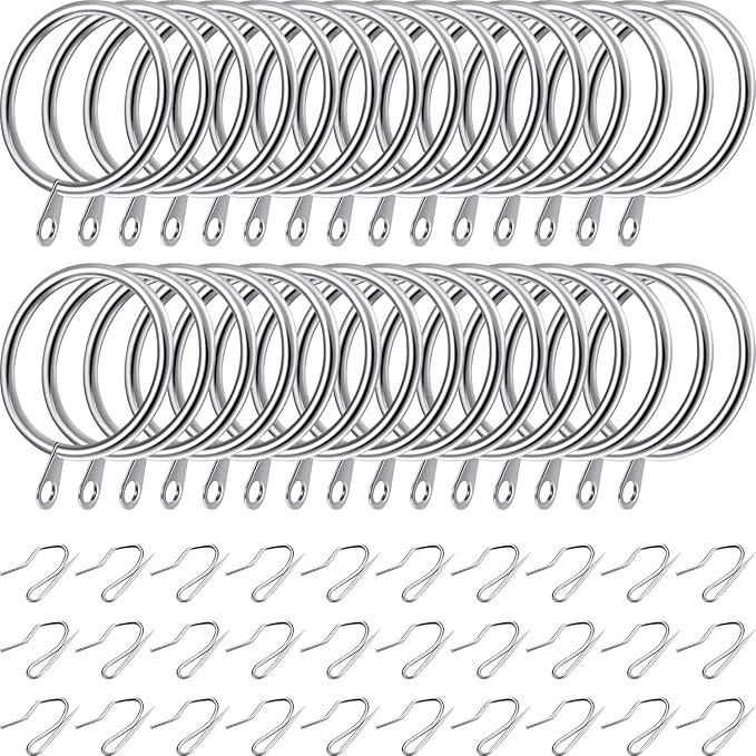 Hotop 30 Pcs Metal Drapery Curtain Rings 0.98/1.26/1.65 inch Interior Diameter and 30 Pcs Hanging Curtain Drapery Pin Hooks for Window Door Shower(42 mm,Silver)