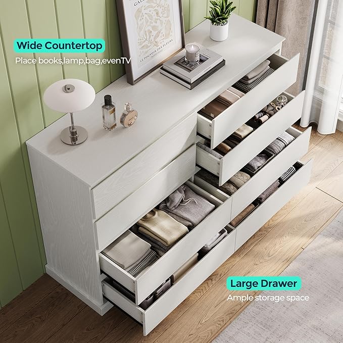 LINSY HOME 8 Drawer Dresser for Bedroom, 53" Wide Chest of Deep Drawers, Modern Farmhouse Wood Dressers with Storage, Large Drawer Organizer for Bedroom, Living Room, Handless Design, White