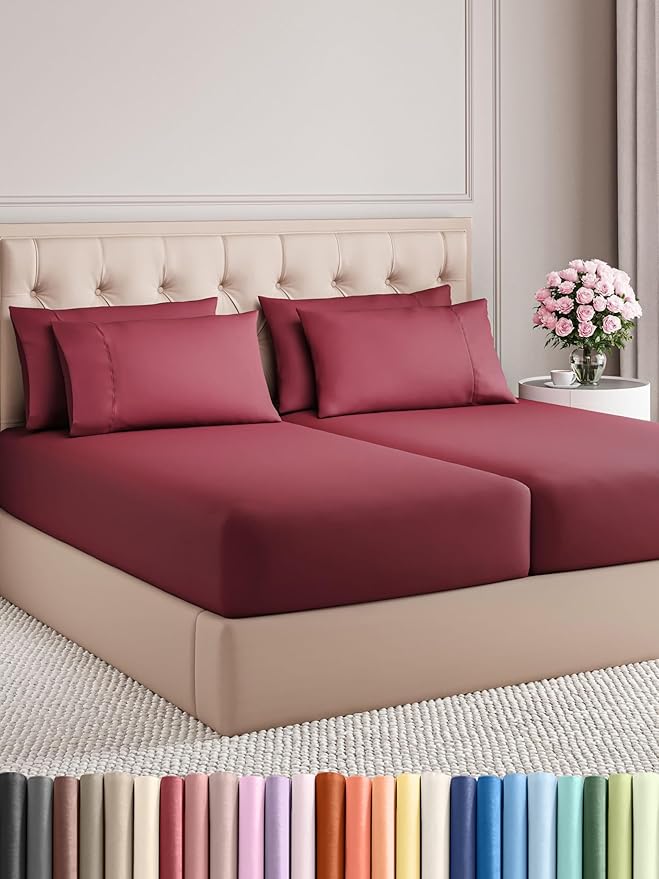 Split King Sheets Set 7 Piece - Includes 4 Pillowcases - Bed Sheets Split King - Soft Hotel Luxury Bedding - Cooling, Comfy & Breathable - 1 Flat & 2 Fitted & 4 Pillowcases w/ Deep Pockets - Burgundy