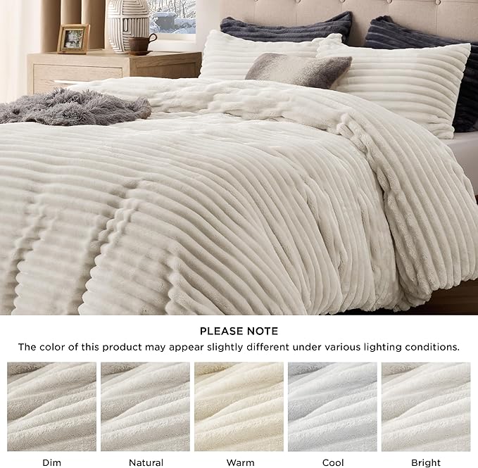 Bedsure Fluffy Duvet Cover Set - Ultra Soft Plush Shaggy Comforter Cover King Size, Warm Flannel Fleece Bed Sets for Winter, 3 Pieces (Striped Pattern, Linen)