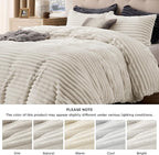Bedsure Fluffy Duvet Cover Set - Ultra Soft Plush Shaggy Comforter Cover King Size, Warm Flannel Fleece Bed Sets for Winter, 3 Pieces (Striped Pattern, Linen)