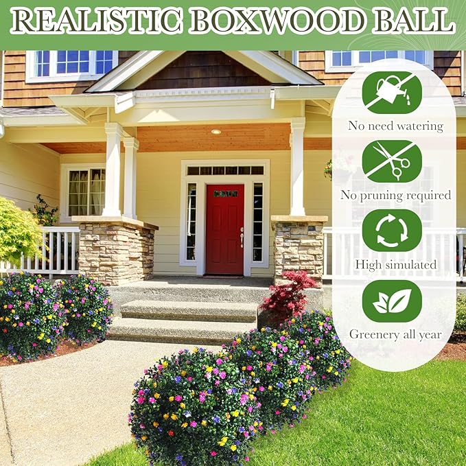 Yunlly Set of 2 Artificial Boxwood Topiary Ball Tree Fake Bushes Shrubs Outdoor Faux Plant with Ground Spike Flowers UV Resistance Greenery for Front Porch Garden Patio Indoor(Multicolor,27x18inch)