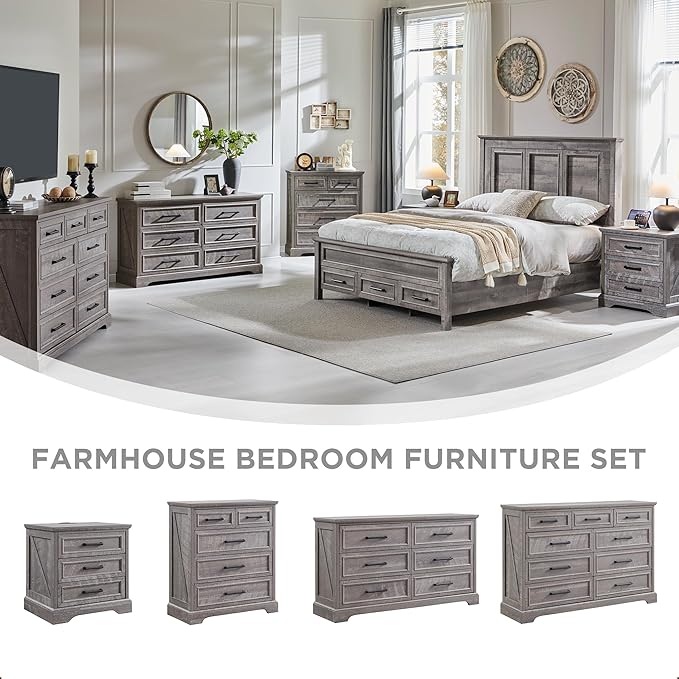 ACCOHOHO Farmhouse 6 Drawer Dresser for Bedroom, 52 Inch Wide Modern Dresser TV Stand with Large Drawers & Bar Handles, Rustic Wood Chest of Drawers for Bedroom, Living Room, Hallway, Grey