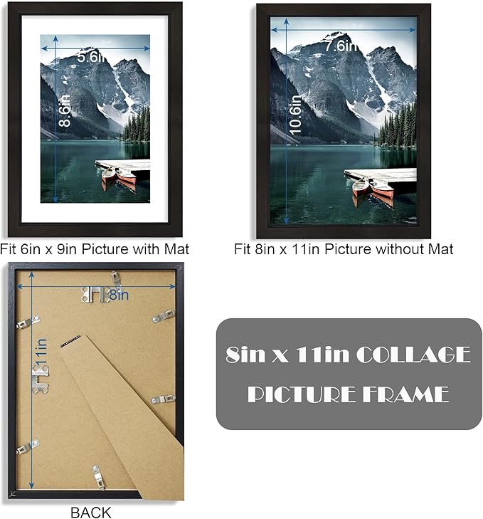 8x11 Picture Frame with Real Glass - Display Pictures 6x9 with Mat or 8 x 11 without Mat, Photo Frame for Wall or Table Top Display(Black, 3 Pack)