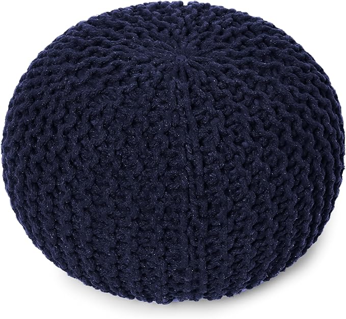 REDEARTH Round Pouf Foot Stool Bean Bag Ottoman - Cable Knitted Cord Boho Pouffe - Poof Accent Bean Bag - Handmade by Artisans for Living Room - Bedroom (19.5"x19.5"x14") - Navy Blue