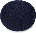 REDEARTH Round Pouf Foot Stool Bean Bag Ottoman - Cable Knitted Cord Boho Pouffe - Poof Accent Bean Bag - Handmade by Artisans for Living Room - Bedroom (19.5"x19.5"x14") - Navy Blue