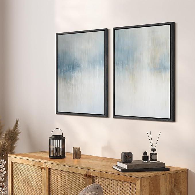 SIGNFORD Framed Canvas Print Wall Art Set Blue and Beige Abstract Modern Neutral Vertical Illustration Modern Art Decorative Nordic Nature for Living Room, Bedroom, Office - 24"x36"x2 Black