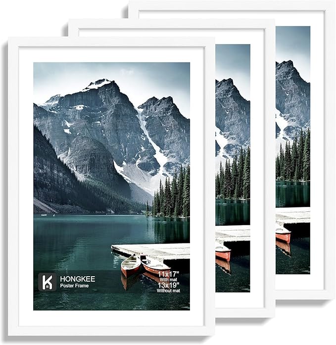 13x19 Picture Frame Set of 3 - Display 11x17 Photo with Mat or 13 x 19 Poster without Mat, Wall Mounting Horizontal and Vertical, White