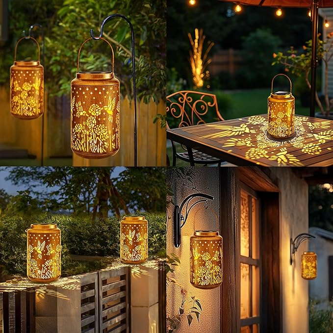 Brizled Hummingbird Solar Lantern Lights, 2 Pack LED Hollow Out Hanging Lantern Lights Outdoor, Warm White Solar Garden Light Decorative Retro Metal Outdoor Lighting for Garden Patio Courtyard Path
