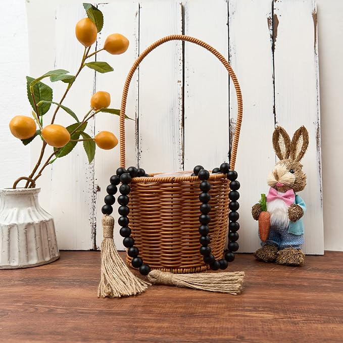 OMISHE 59in Wood Bead Garland with Tassels, Decorative Beads, Farmhouse Wooden Beads Garland for Wall Hanging Home Festival Decor, Black