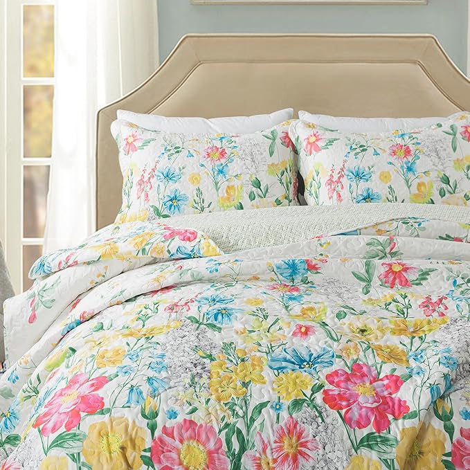 Travan Floral Quilt King Quilt Bedding Set, Ultra Soft Reversible Microfiber King Size Quilt Set with 1 Quilt Set and 2 Shams Yellow Flower Coverlet Set for All Season, Coreopsis-Yellow