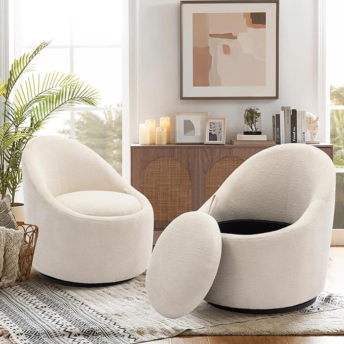 COLAMY Swivel Accent Chair Set of 2, 360° Swivel Round Chair with Hidden Storage, Modern Small Barrel Armchair for Living Room/Bedroom, Beige