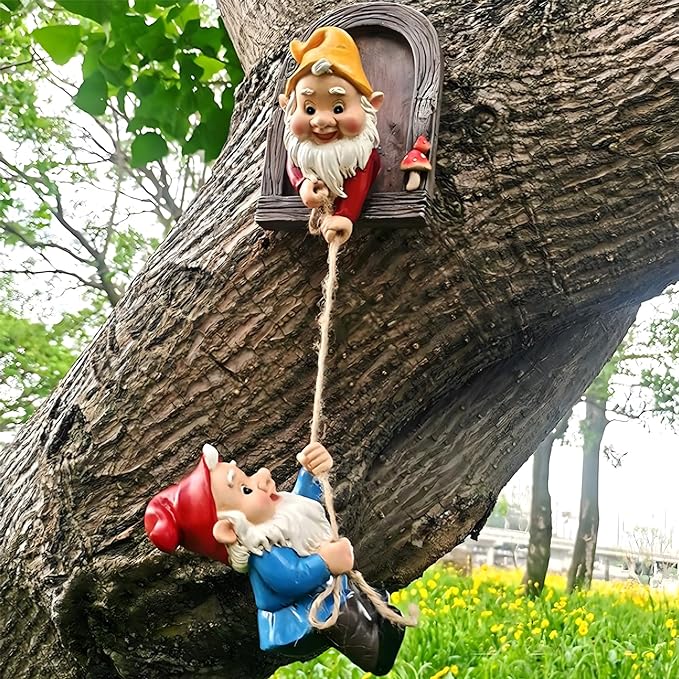 Elenon Climbing Gnomes Tree Faces Decor, Adorable Gnome Tree Hugger Fairy Garden Statue, Funny Peeker Sculpture Outdoor Yard Patio Art (2pcs)
