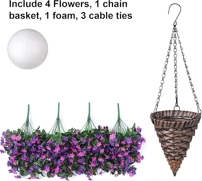 Artificial Fake Hanging Flowers with Basket for Outdoor Decoration,UV Resistant Faux Silk Dark Purple and Fuchsia Orchid Flowers Vines in Planter Realistic Hanging Baskets for Home Porch Garden