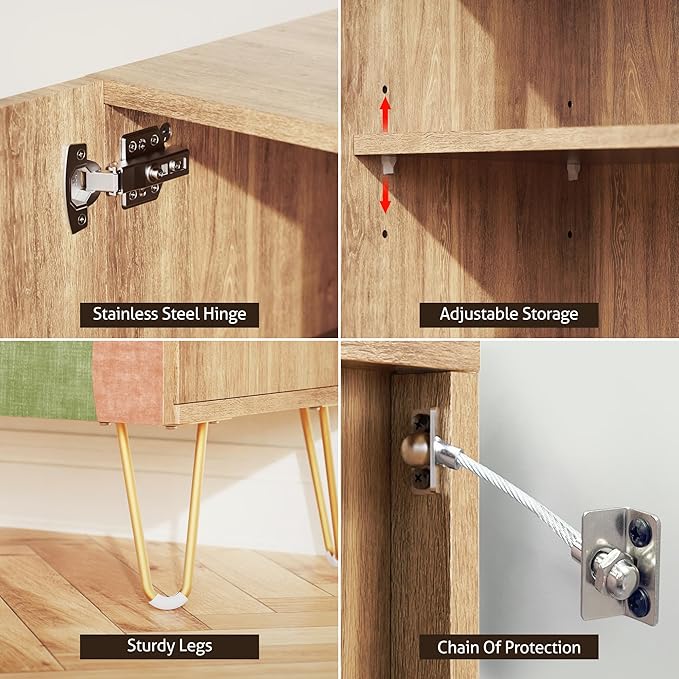 SIGNWIN Sideboard Buffet Cabinet, Kitchen Storage Cabinet with 2 Doors, Mid-Century Pastel Polygons Geometry Nordic Boho, Cupboard Console Table for Dining Room - 35" L x 18" W x 29" H