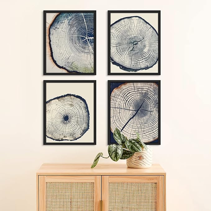 SIGNWIN Framed Blue & White Overexposed Wood Tree Ring Wall Art, Set of 4 Nature Wildernes Wall Decor Prints, Minimalism Wall Décor for Living Room, Bedroom - 12"x16" Black