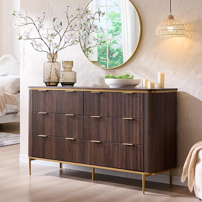 T4TREAM Fluted 6 Drawers Dresser for Bedroom, 54" Wide Modern Dresser TV Stand, Gold Accents, Fluted Fronts, Wood Storage Dressers Organizer for Bedroom, Living Room, (Dark Walnut)