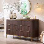 T4TREAM Fluted 6 Drawers Dresser for Bedroom, 54" Wide Modern Dresser TV Stand, Gold Accents, Fluted Fronts, Wood Storage Dressers Organizer for Bedroom, Living Room, (Dark Walnut)