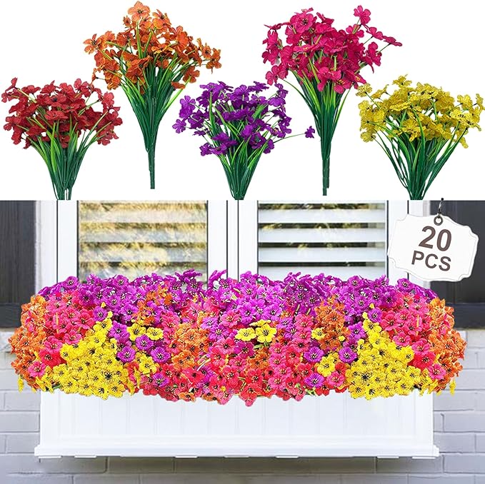 20 Bundles Artificial Flowers for Outdoors,No Fade Fake Silk Flowers with Plastic Plants,Faux Realistic Flowers uv resistantfor for Patio Window Box Porch Garden Wedding Farmhouse Decor(Mixed Color)