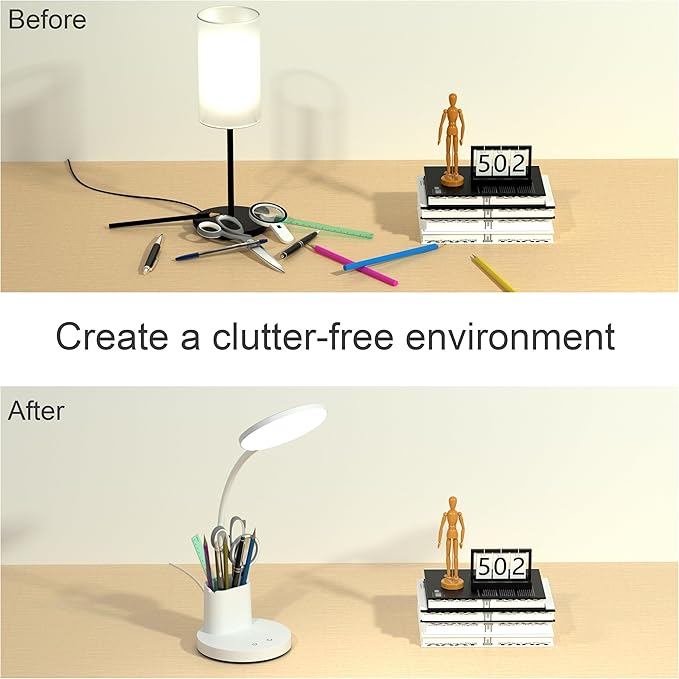 Desk Lamp, LED Desk Lamp for Home Office, Touch Table Lamp with 3 Color Modes 360° Adjustable Arm, Dimmable Desk Light with Pen Phone Holder, White