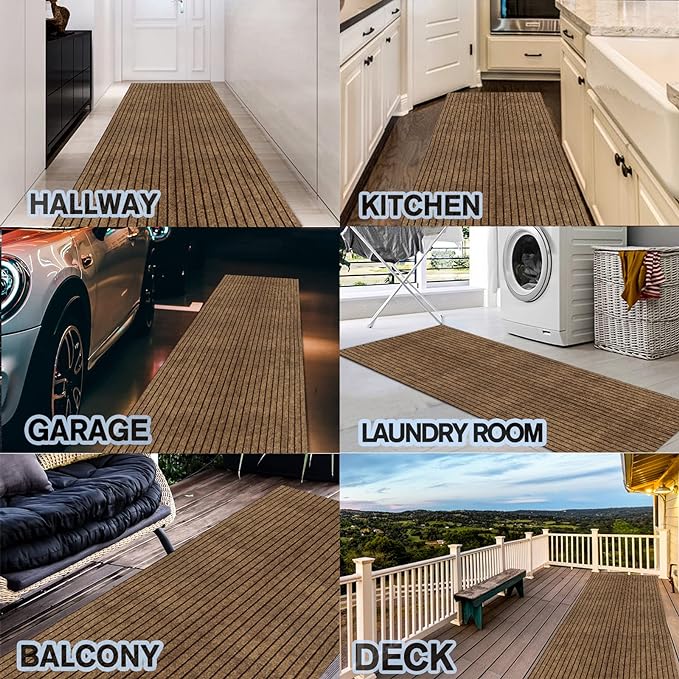 Custom Size Backed Non-Slip Area Rugs Runner, Easy Clean, Waterproof Runner Rugs for Hallway Entryway, Kitchen, Laundry, 3FT x 41FT, Brown Stripe