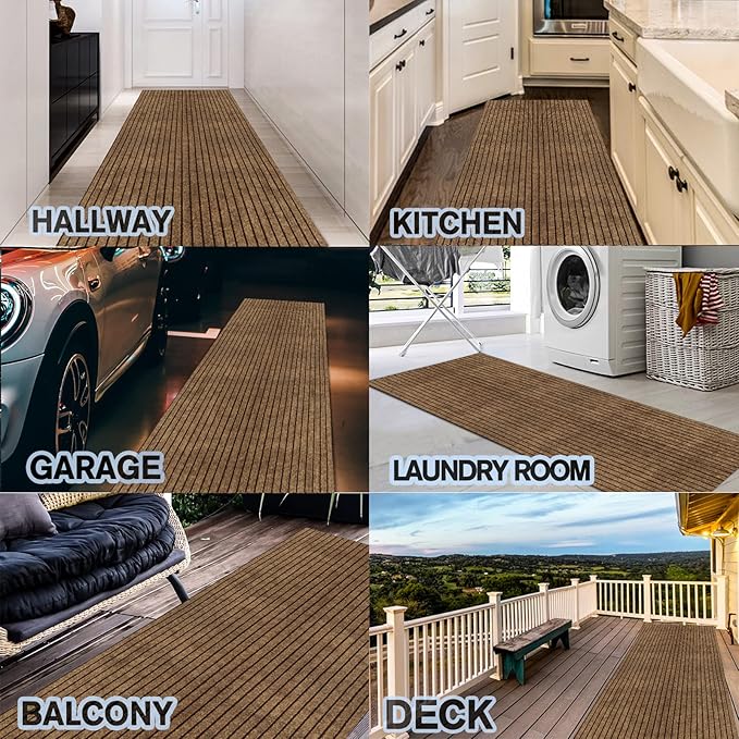 Custom Size Backed Non-Slip Area Rugs Runner, Easy Clean, Waterproof Runner Rugs for Hallway Entryway, Kitchen, Laundry, 3FT x 67FT, Brown Stripe