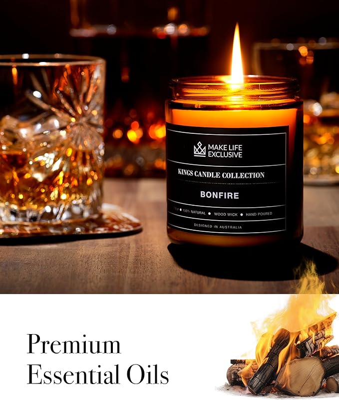 Scented Candles for Men | Bonfire, Mahogany & Teakwood Scented | Wooden Wick, Long Lasting, Masculine Scents | Natural Soy Jar Candle for Home, Bachelor Pad Decor | The Perfect Mens Gift.
