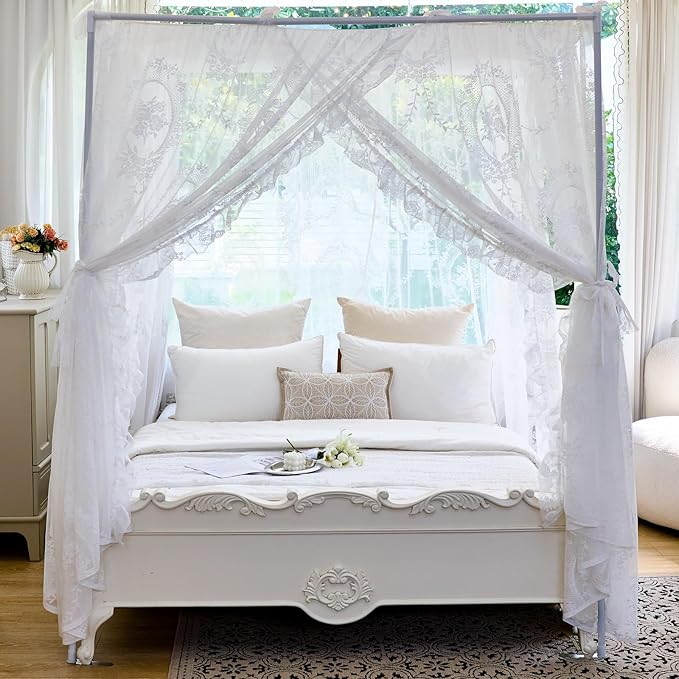 AIKASY Elegant Lace Princess 4-Poster Bed Canopy Mosquito Net - Romantic Wedding Bridal Bedroom Decor, Kids Room Bed Curtain for Women Adults - (White-2,Twin)