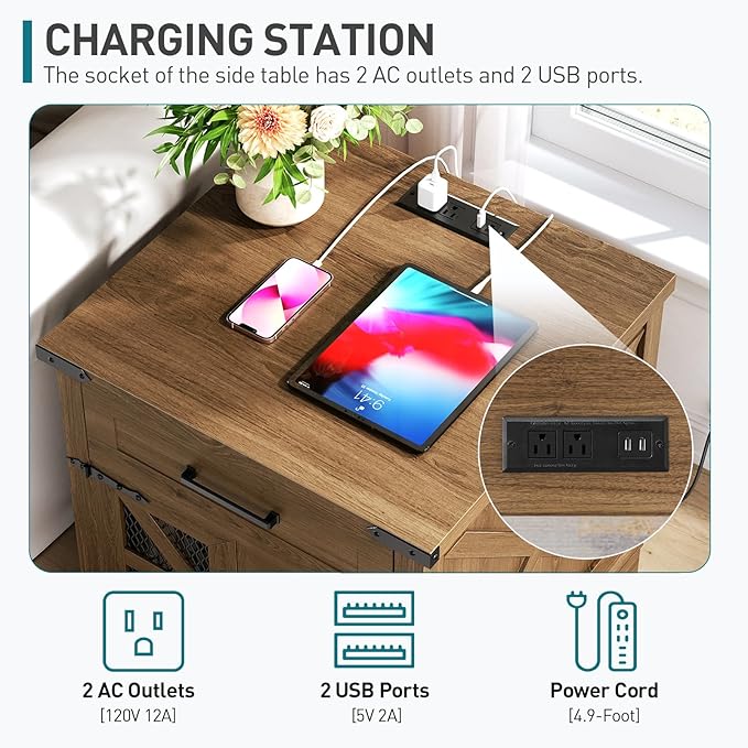 Farmhouse End Table Set of 2, 24" Large Sofa Side Table with Drawer, Large End Table for Living Room, Wooden Nightstand with Charging Station, Square, Walnut