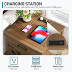 Walnut Farmhouse End Table with Charging Station, 24" Large Sofa Side Table with Drawer, Large End Table for Living Room, Wooden Nightstand with Outlet, Square, Walnut