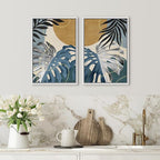 SIGNFORD Framed Canvas Print Wall Art Set Jungle Tropical Monstera Palm Leaf Abstract Shapes Illustration Modern Art Decorative Nordic Nature for Living Room, Bedroom, Office - 16"x24"x2 White