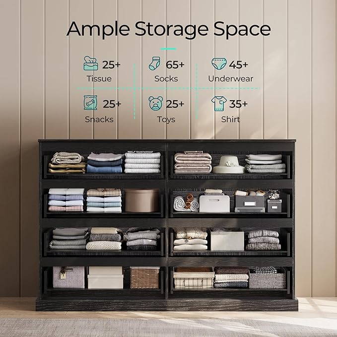 LINSY HOME 8 Drawer Dresser for Bedroom, 53" Wide Chest of Deep Drawers, Modern Farmhouse Wood Dressers with Storage, Large Drawer Organizer for Bedroom, Living Room, Handless Design, Black