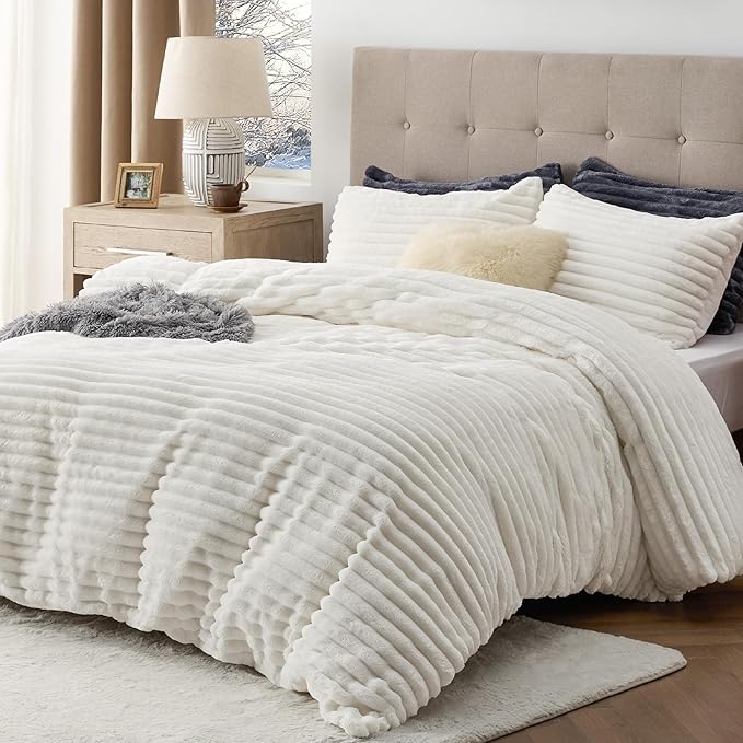 Bedsure Fluffy Duvet Cover Set - Ultra Soft Plush Shaggy Comforter Cover King Size, Warm Flannel Fleece Bed Sets for Winter, 3 Pieces (Striped Pattern, Coconut White)