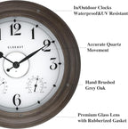 CLXEAST 24 Inch LED Illuminated Outdoor Clocks Waterproof with Thermometer & Hygrometer, Large Lighted Metal Wall Clock with Smart Night Light Sensor,Grey Oak Finish,House Warming Gifts New Home